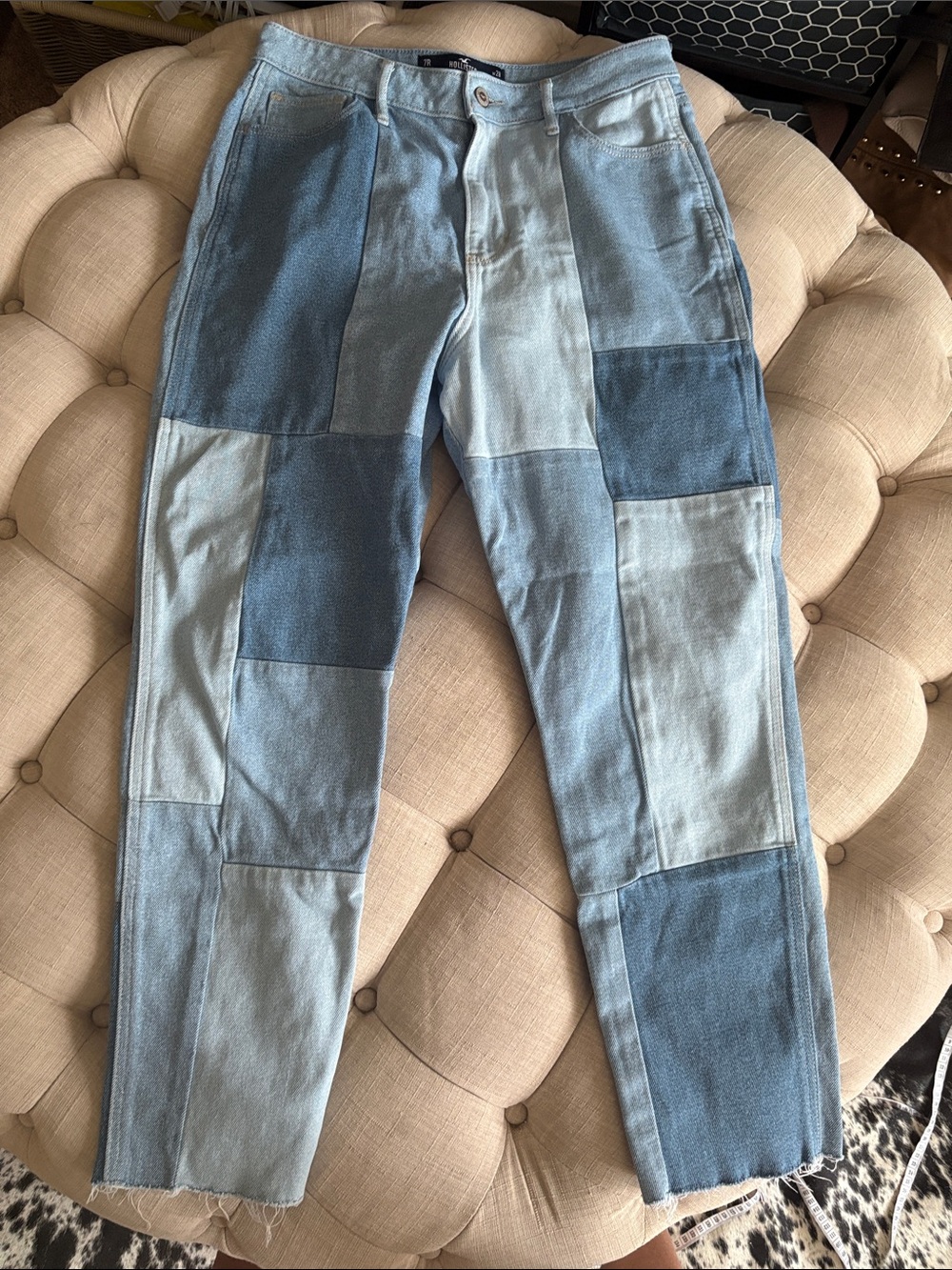 Hollister Patchwork Two‑Tone Light & Medium Blue Straight Jeans